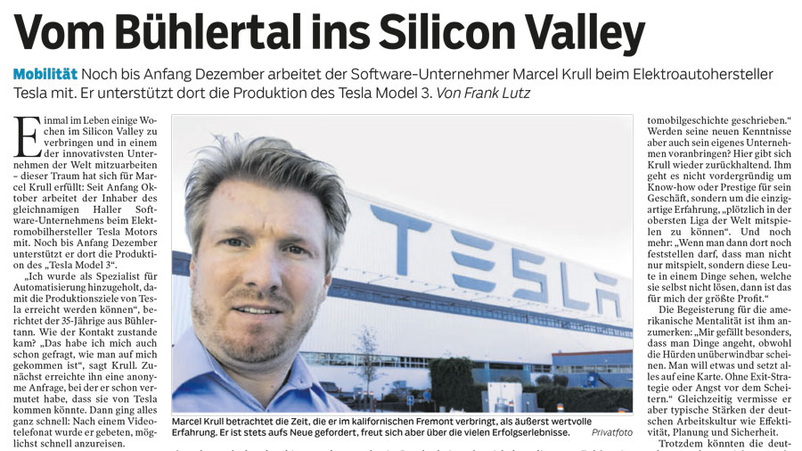 Zeitungsartikel Marcel Krull bei Tesla. Titel Vom Bühlertal ins Silicon Valley. Automatisierung Marcel Krull- Software